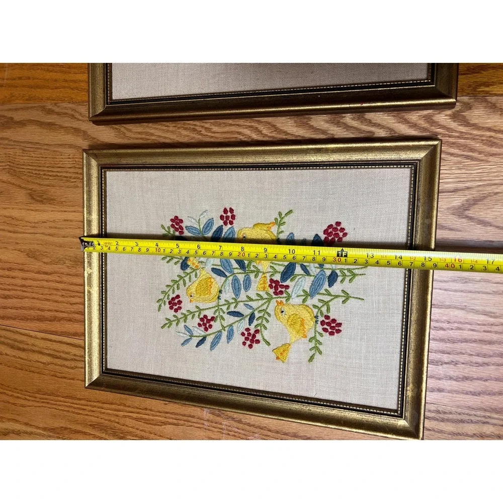 Vintage Hand Embroidered Bird Wall Art Pair Framed Folk Art Cottagecore Grandma